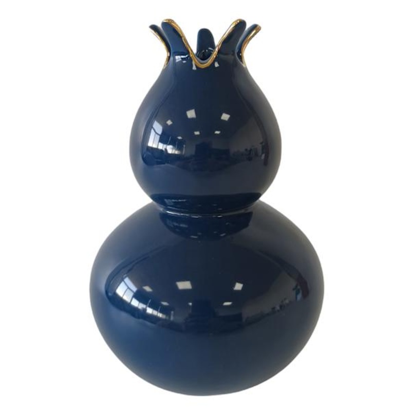 Providence Blue Pomegranate Ceramic Vase with Gold Rim, 8″
