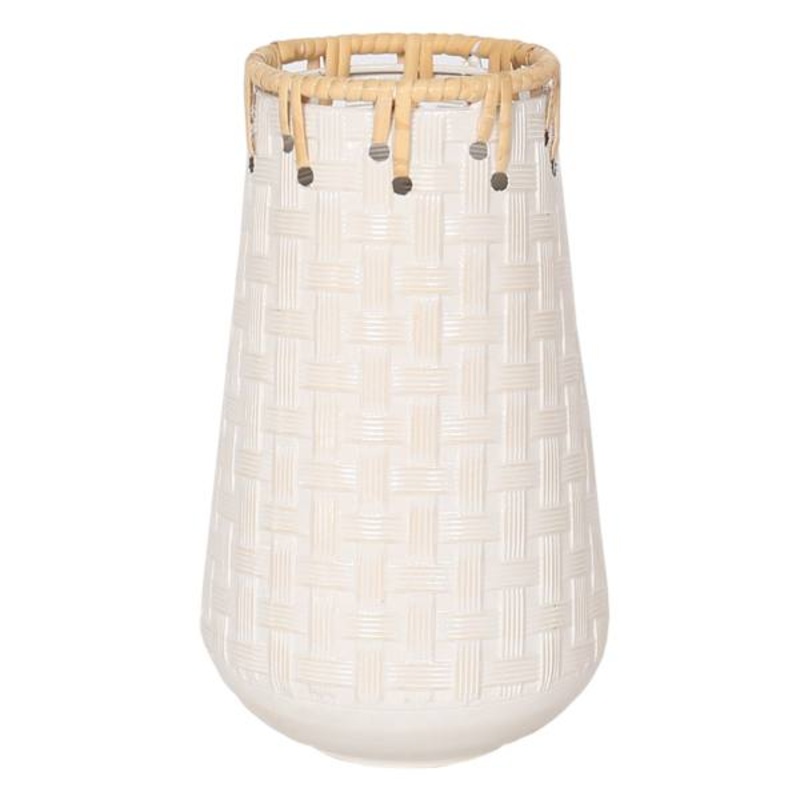 White Metal & Rattan Basketweave Vase, 10″