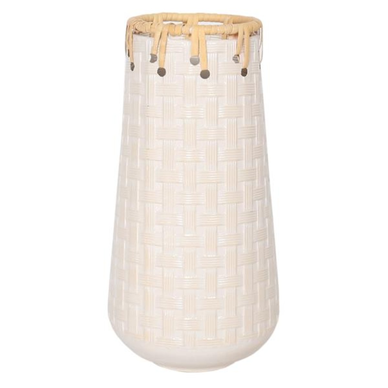 White Metal & Rattan Basketweave Vase, 12″