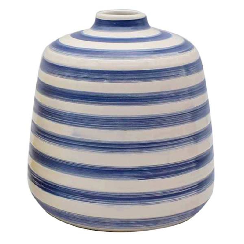 Blue & Grey Striped Ceramic Vase, 7″