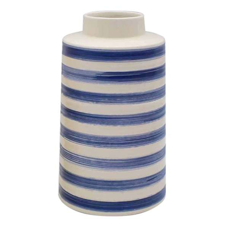 Blue & Grey Striped Ceramic Vase, 8″
