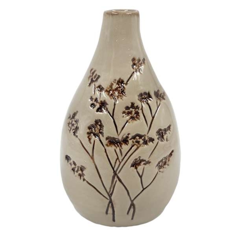 Tan Etched Flower Porcelain Vase, 6.5″