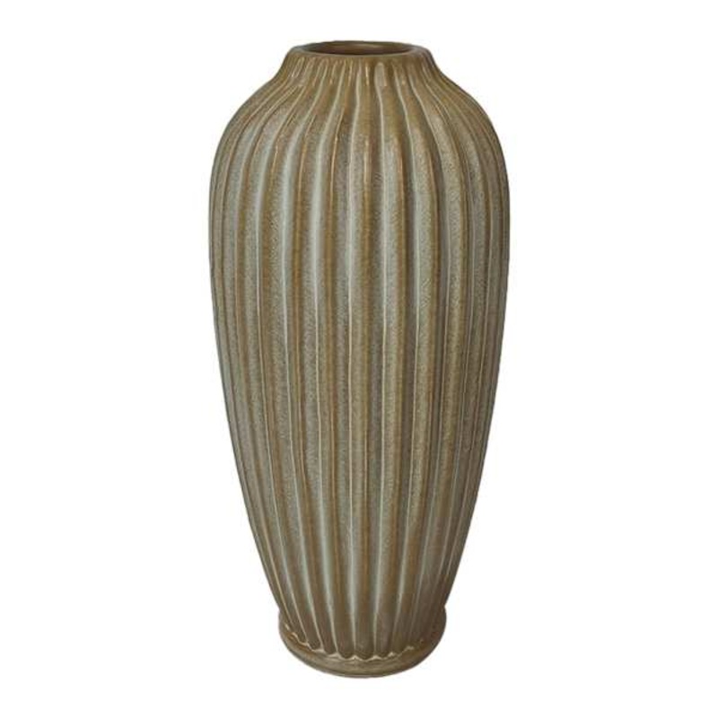 Tan Fluted Ceramic Vase, 10″