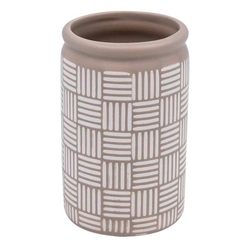 Tan & Ivory Print Ceramic Cylinder Vase, 5″