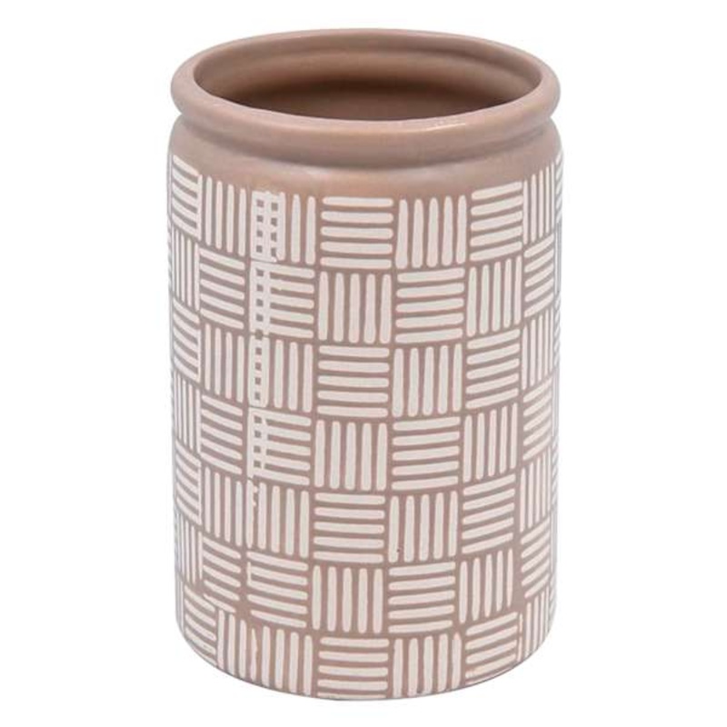Tan & Ivory Print Ceramic Cylinder Vase, 6″