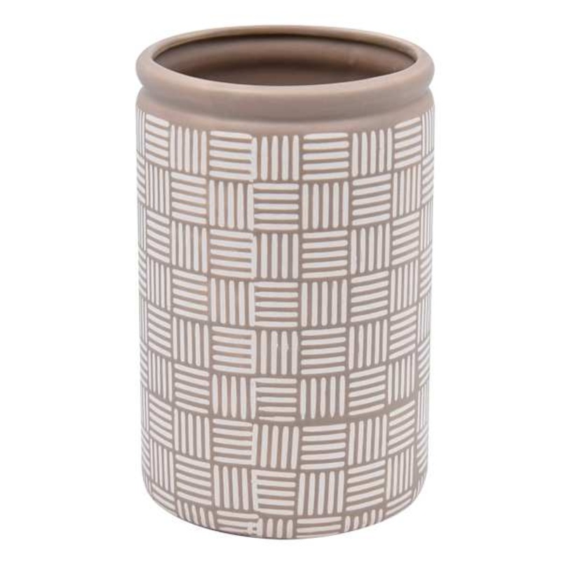 Tan & Ivory Print Ceramic Cylinder Vase, 7″