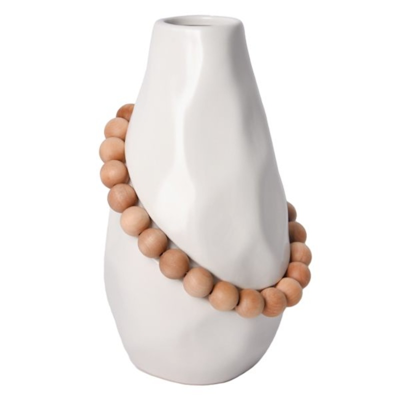 Tracey Body White Ceramic Vase with Beads, 12″