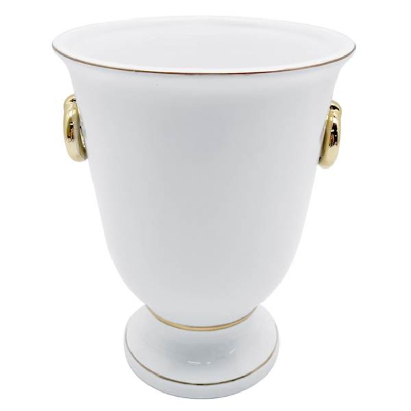 White & Gold Rimmed Ceramic Vase, 8″