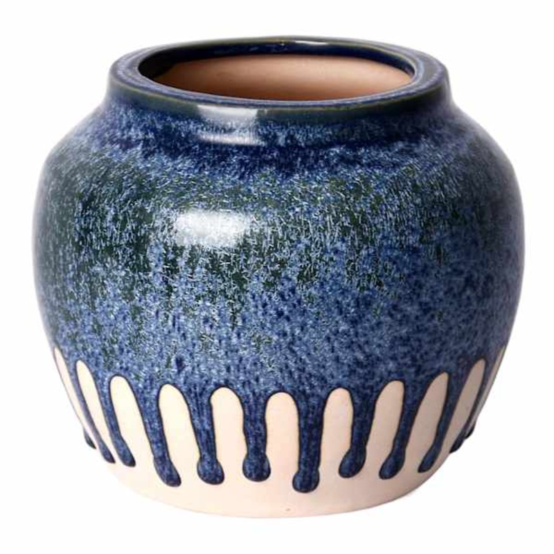 Blue Reactive Glaze Drip Ceramic Vase, 7″