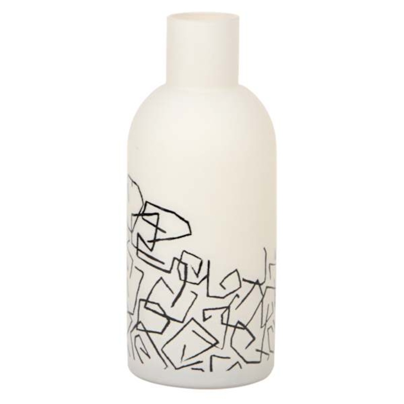 White Abstract Printed Glass Vase, 10″