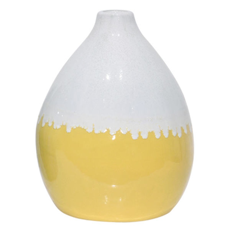 White and Yellow Ceramic Vase, 11.8″