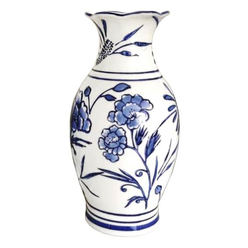 White & Blue Floral Ceramic Vase, 8.5″