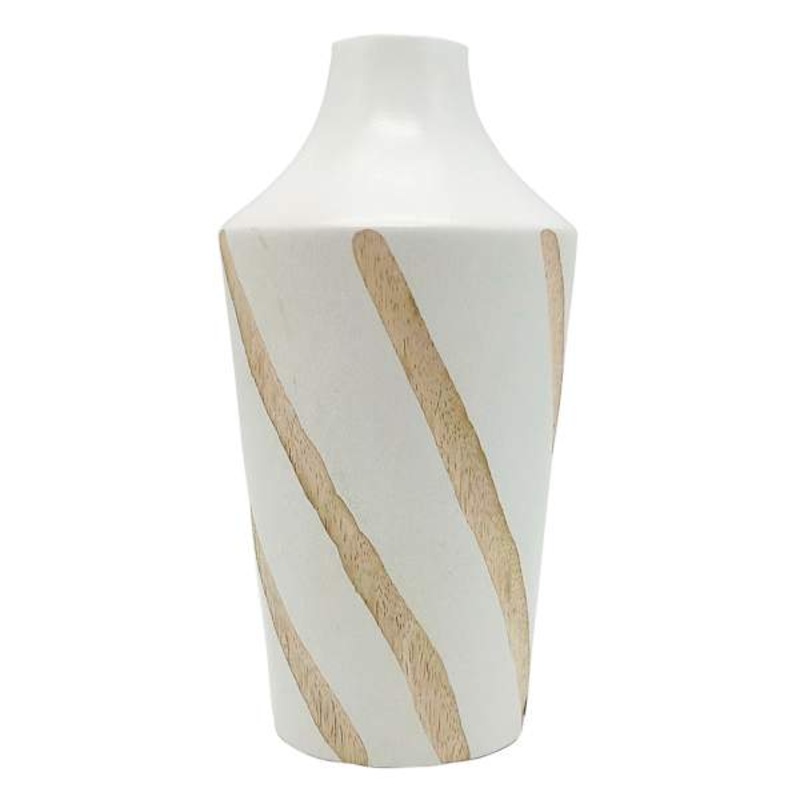 White Carved Stripe Wood Vase, 8″