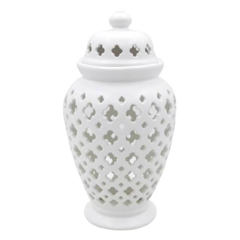 White Ceramic Cutout Canister, 11″