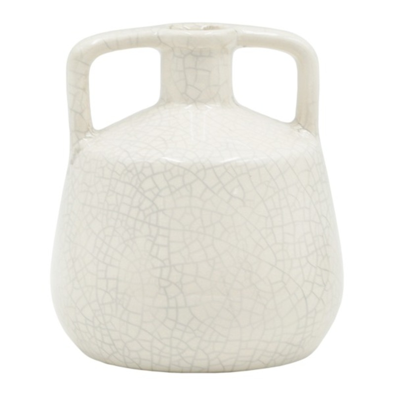 White Crackled Ceramic Vase with Handles, 7″