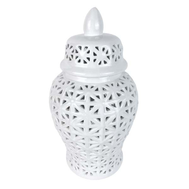 White Cutout Ceramic Ginger Jar, 14.6″