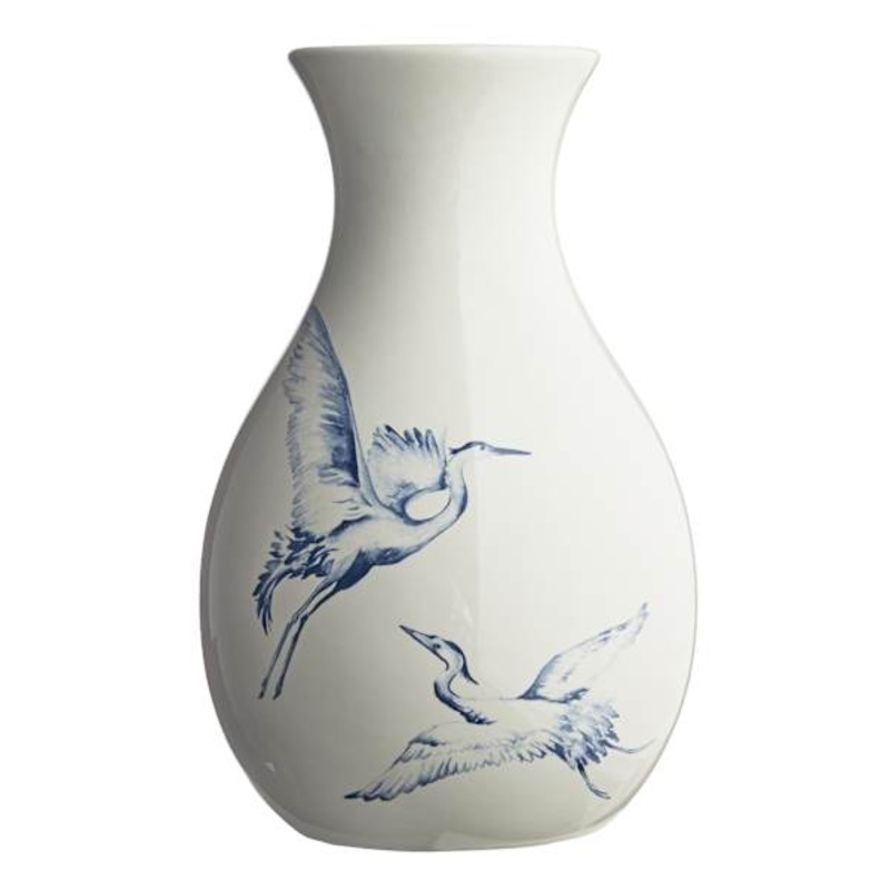 White Heron Print Ceramic Vase, 10″