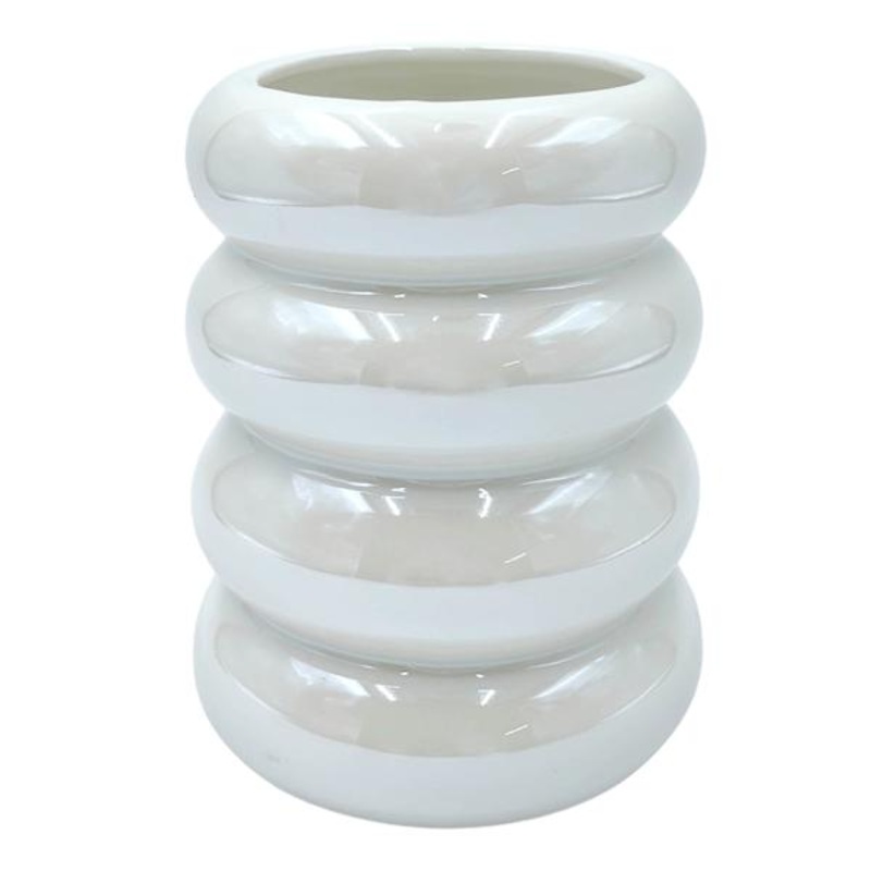 White Iridescent Ribbed Ceramic Vase, 4×5