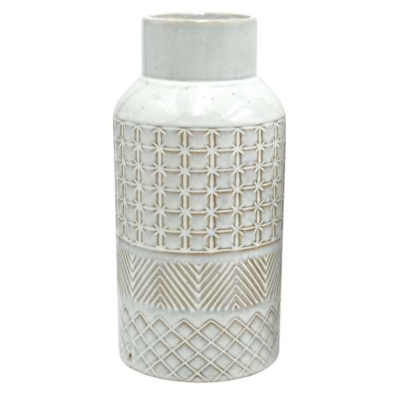 White Tribal Patterned Ceramic Vase, 10″