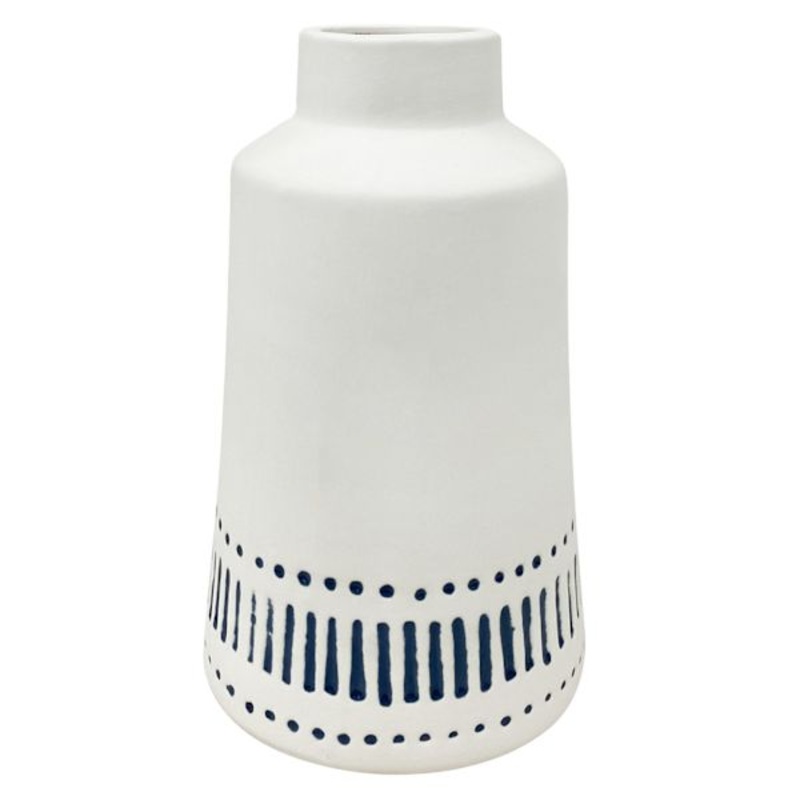 White with Blue Design Ceramic Vase, 8″