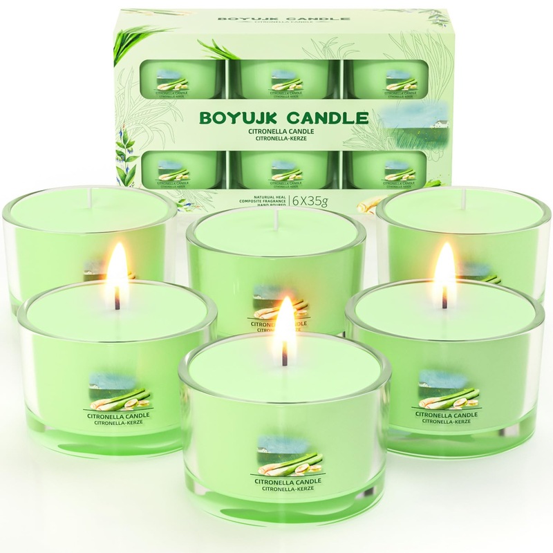 Citronella candle Outdoor 6 Set – Natural Soy Wax Candles 6 Set with Citronella fragrance for garden camping picnics balcony terrace – 12 hours of burning time per candle Citronella 210g