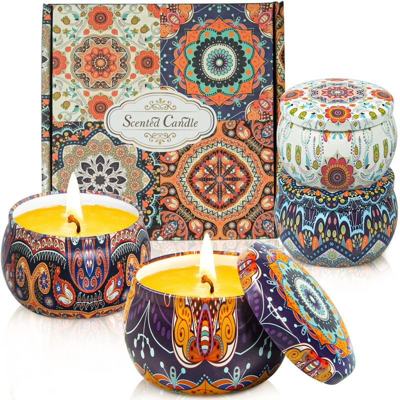 Fragrance candles aromatherapy gift set: rose lavender vanilla lemon for women 4 pieces large size natural wax fragrance stress reduction aroma at home bad spa yoga candle gift for women bohemen 4tins & 4.4oz/tin