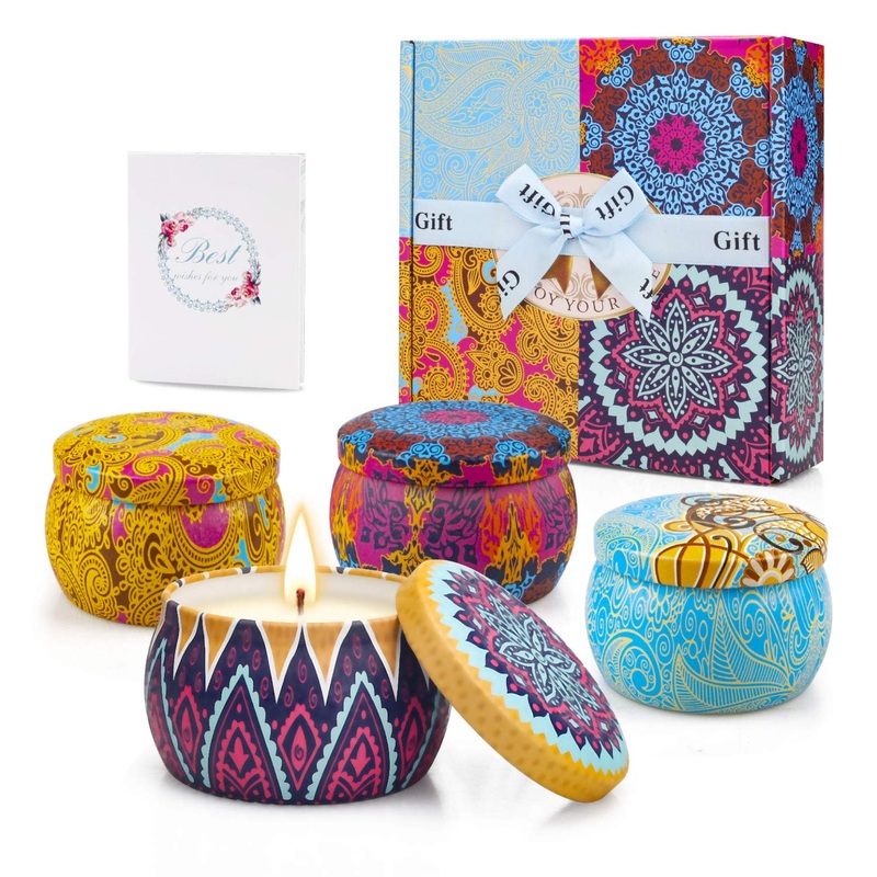 Fragrance candles gift set 4 pieces of aromatherapy candles with soy wax in cans small gift set fragrance candles set candles decoration gifts for women bathroom birthday candle big burning time up to 120 hours lavender rose lemon cowardly 4 set