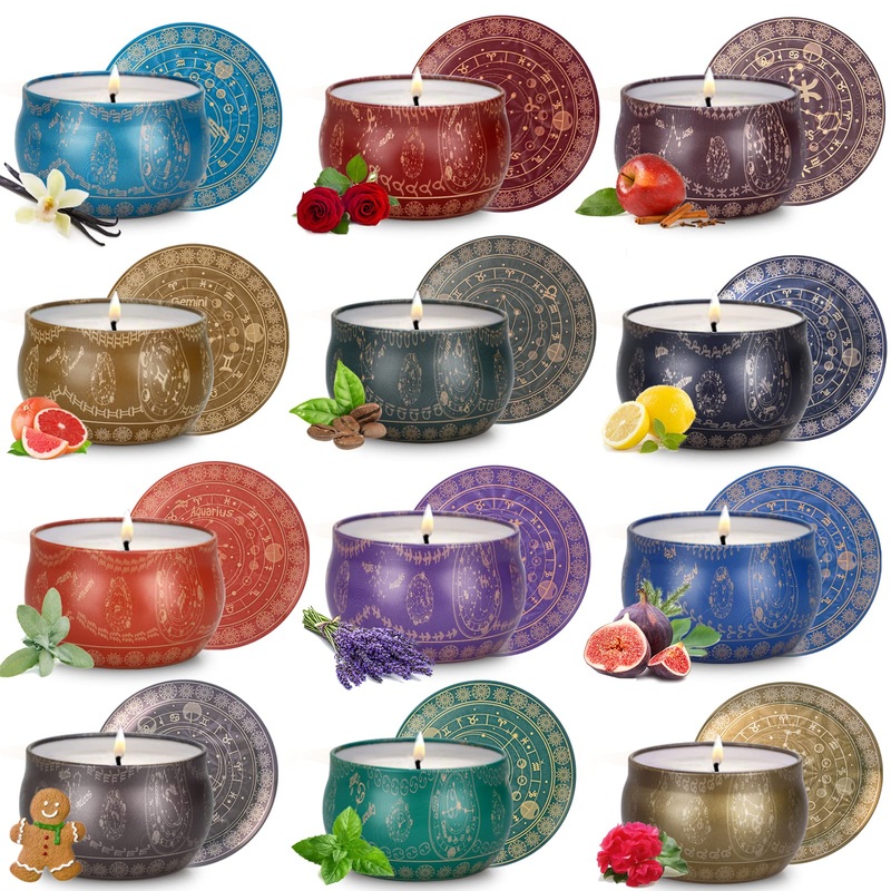 Fragrance candles gift set for women 12 pieces of fragrance candles Set for room fragrance soy wax candles in can little gift set for mom mother’s day girlfriend birthday relaxation burning time up to 240 hours 12 zodiac signs sets