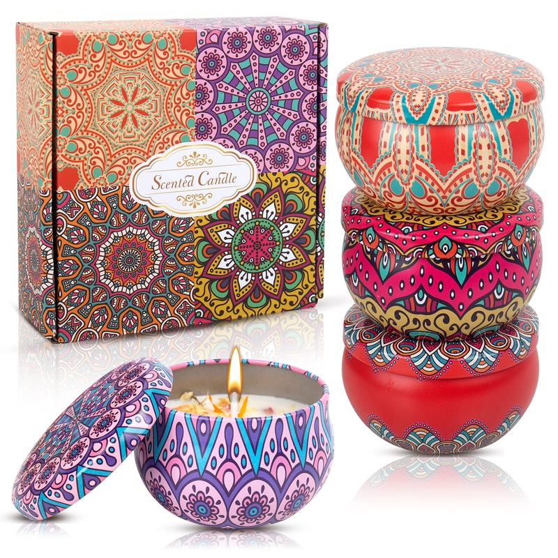 Fragrance candles gifts for women 4 pieces of fragrance candles gift set natural soy wax aromatherapy portable sheet metal gift set for birthday christmas mother’s day gifts