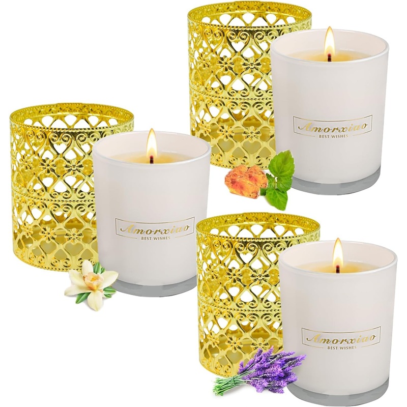 Fragrance candles gifts for women 6-Set candles 5.64 ounces * 3 large fragrance candles with 3 metal candlesticklagen 200 hours of long soy wax gift for Valentine’s Day White Glass