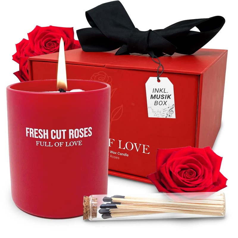 High quality gift box with matches |Handmade candle made of natural soy wax |Up to 60 hours of burning time |Perfect gift set with music box |Fragrance grade fresh cut roses