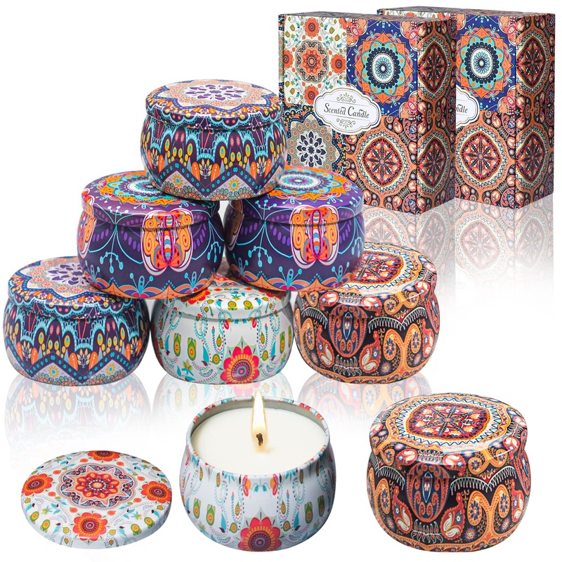 Vetour fragrance candles soy wax: 8pcs (4PCs*2) Aromatherapy candle orange lemon vanilla rose 30 hours burn time candles gift for women girl party birthday (bohemian retro can) retro style-01 8PCs
