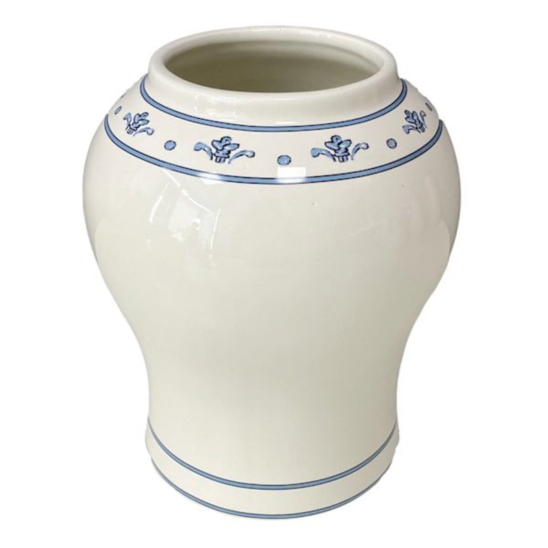 White Ceramic Vase with Blue Printed Boarder, 8″