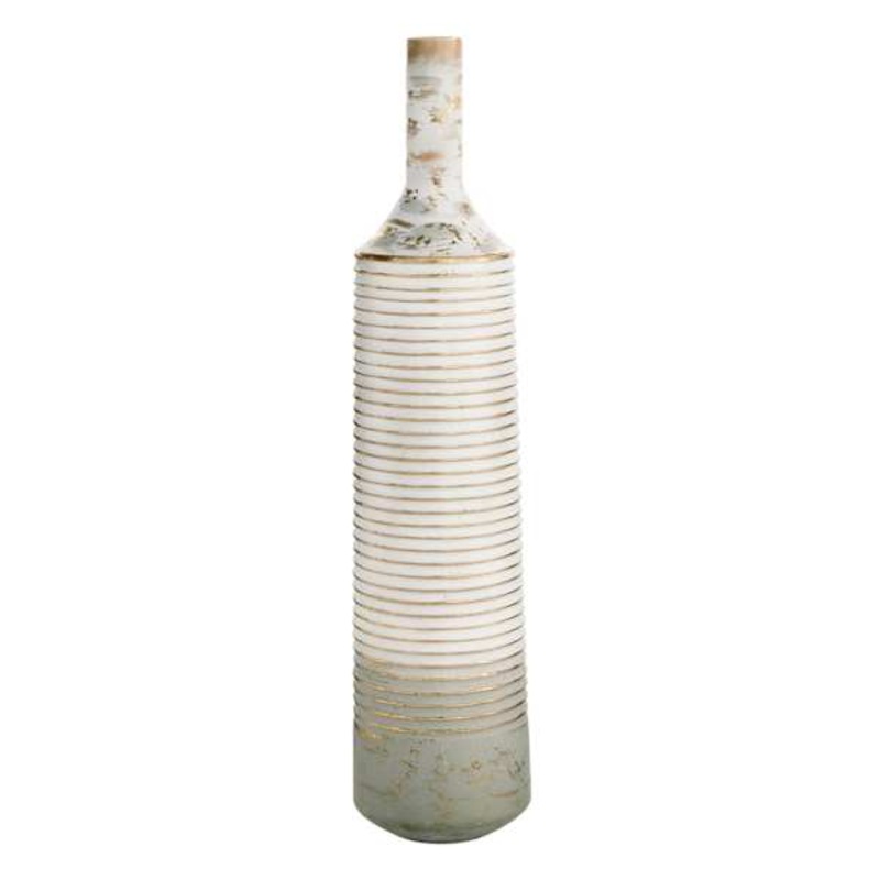 White & Gold Ribbed Floor Vase, 36″