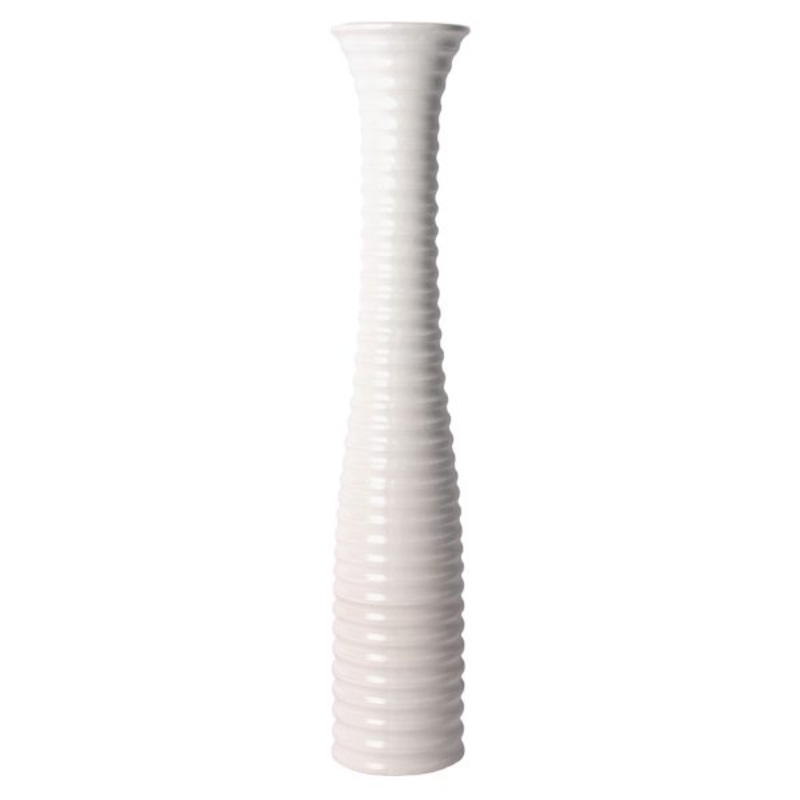White Tall Ribbed Ceramic Vase, 26″