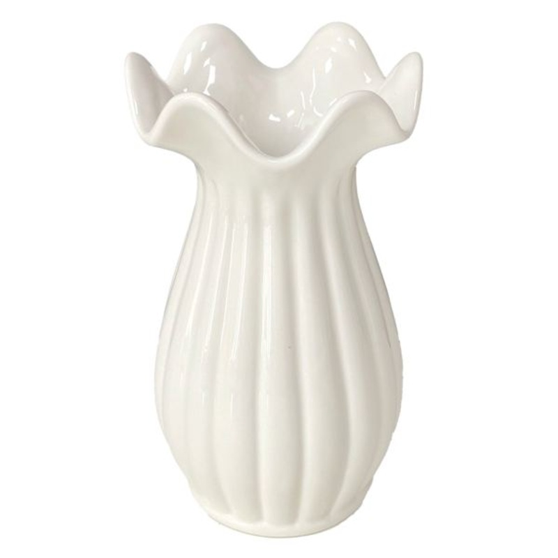 Willow Crossley White Ribbed Pie Crust Rim Ceramic Vase, 10″