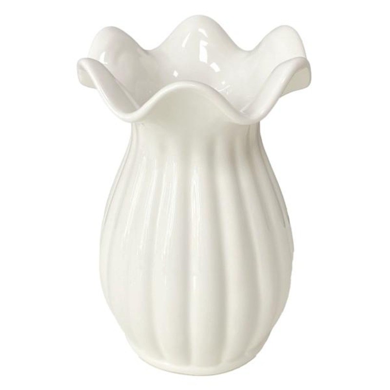 Willow Crossley White Ribbed Pie Crust Rim Ceramic Vase, 7″