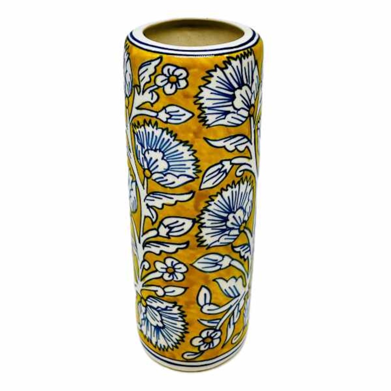 Yellow and Blue Handpainted Floral Ceramic Cylinder Vase, 10″