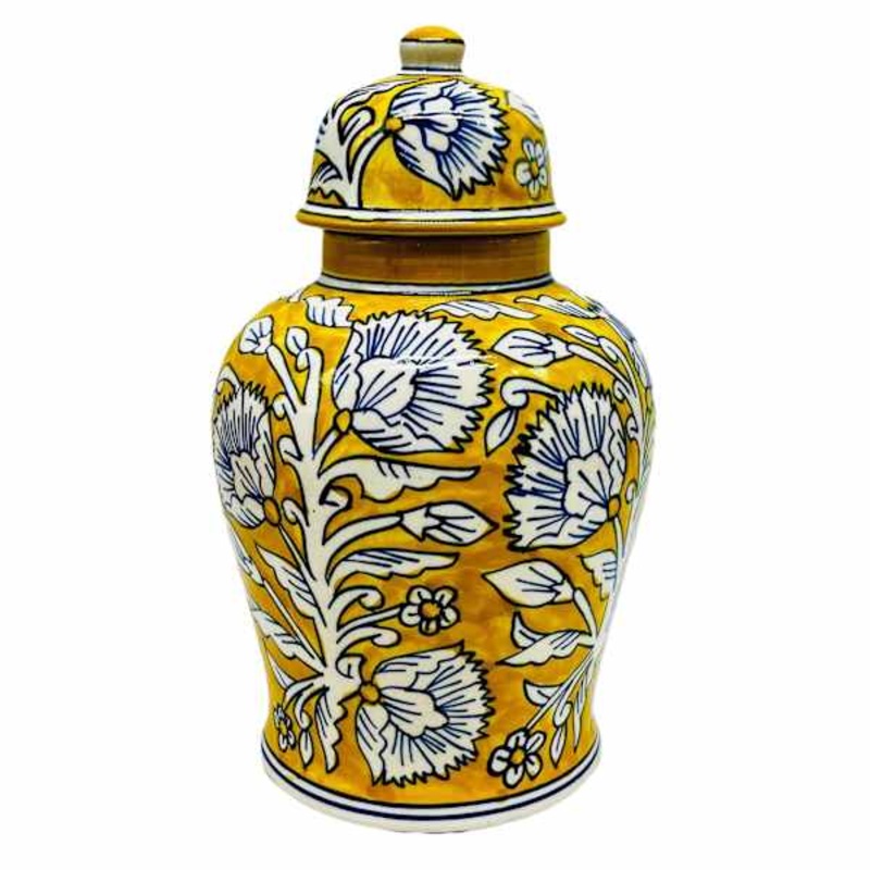 Yellow & Blue Handpainted Floral Ceramic Ginger Jar, 10.5”