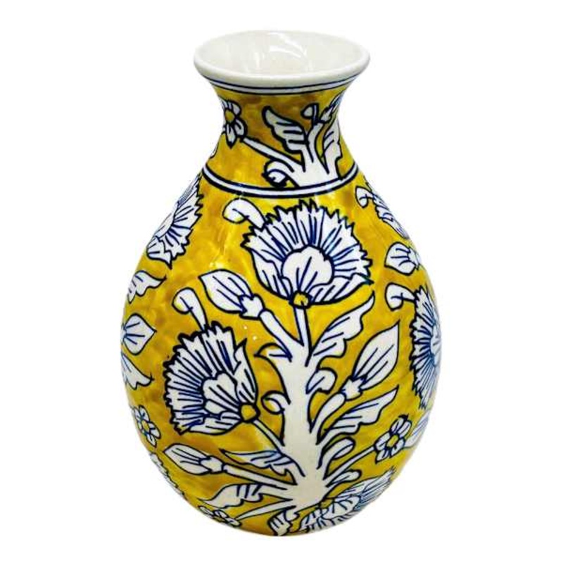 Yellow & Blue Handpainted Floral Ceramic Vase, 8.7″