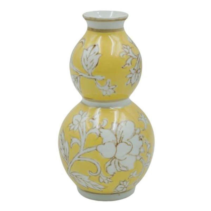 Yellow Chinoiserie Porcelain Gourd Vase, 3×6