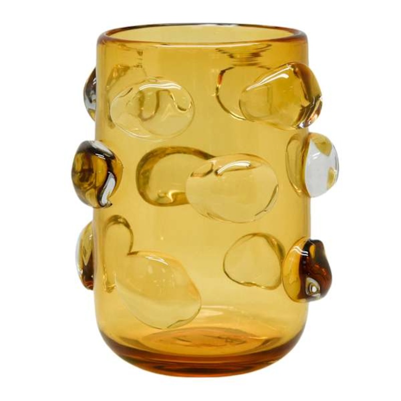 Yellow Glass Vase with Clear Oval Stones, 9″