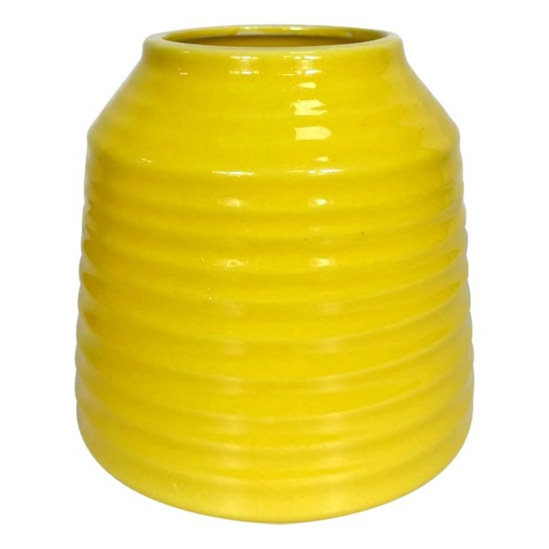 Yellow Ribbed Ceramic Vase, 6″