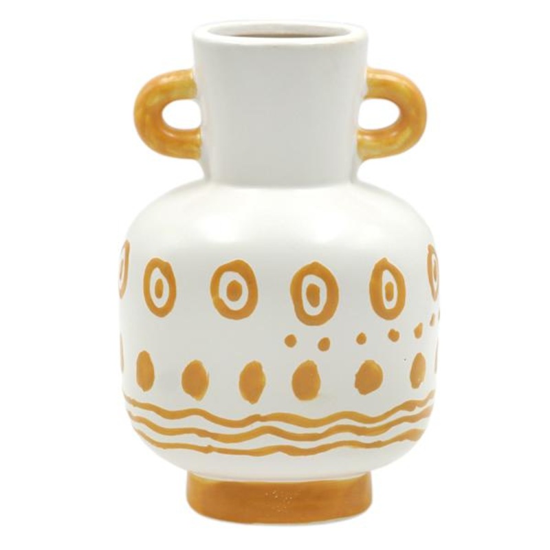 Yellow & White Ceramic Vase with Handles, 9″