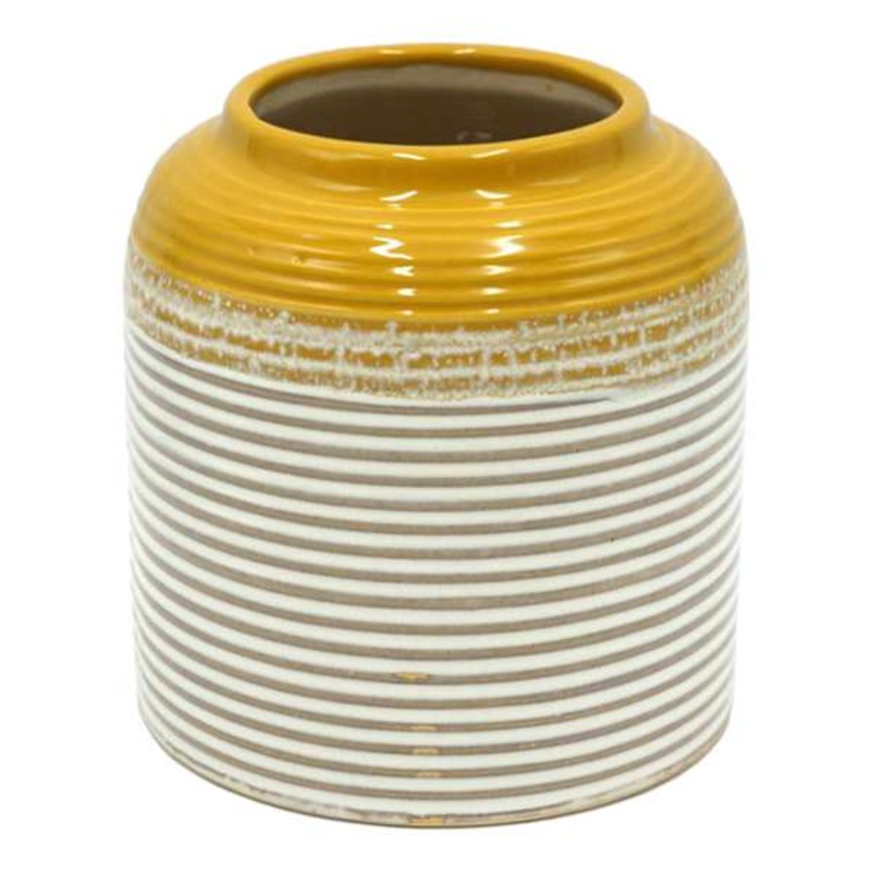 Yellow & White Striped Ceramic Vase, 6″