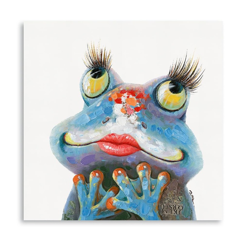 Yidepot Frog Pictures Wall Decor Print: Feminine Red Lips Long Eyelash Frog Desk Paintings for Living Room Decor for Women Modern Farmhouse-Decor for the Home with Frame and Ready to Hang (50x50CM) 50x50CM Feminine Frog