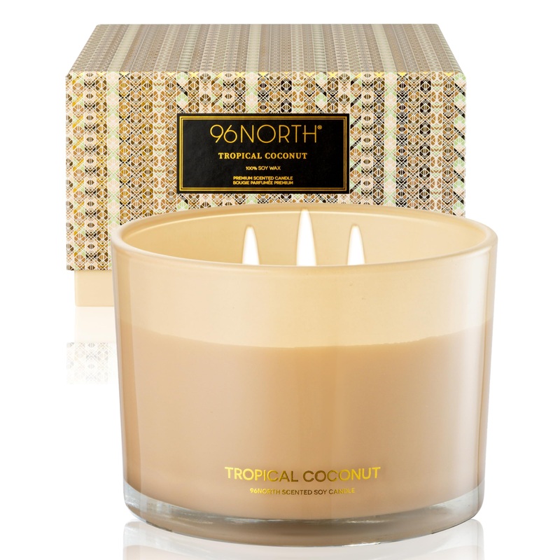 96north luxury candles |Coconut Candle |3-docht fragrance candles in the glass |100% natural soy wax |Burning time up to 40 hours |Wedding day gifts for women tropical coconut