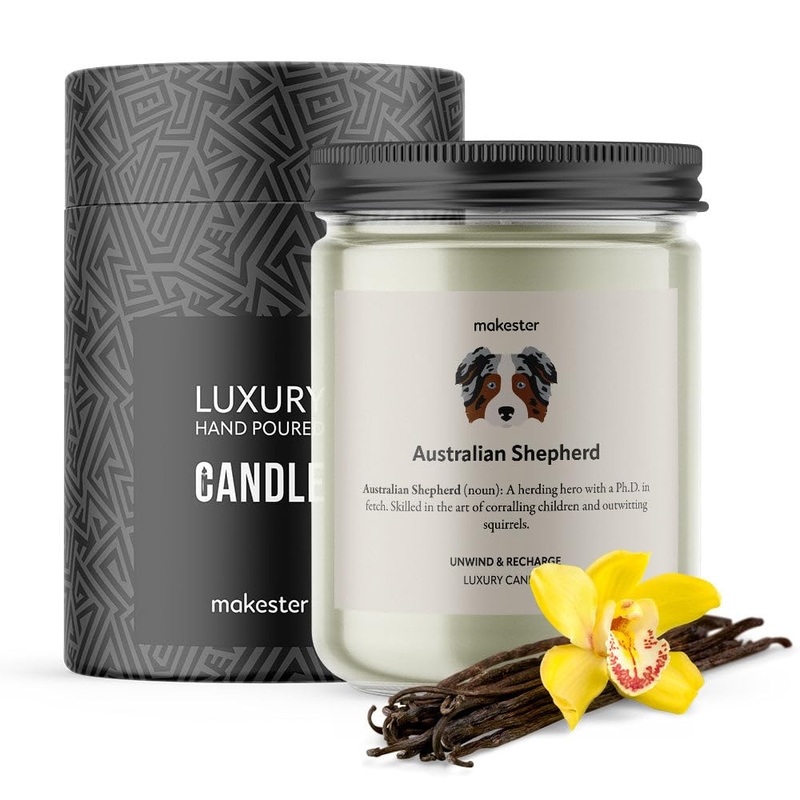 Australian Shepherd Candle – 220g Soy Wax with Madagascan Vanilla Jasmine & Sugared Almond – Australian Shepherd Gift – Dog Candles by Makester