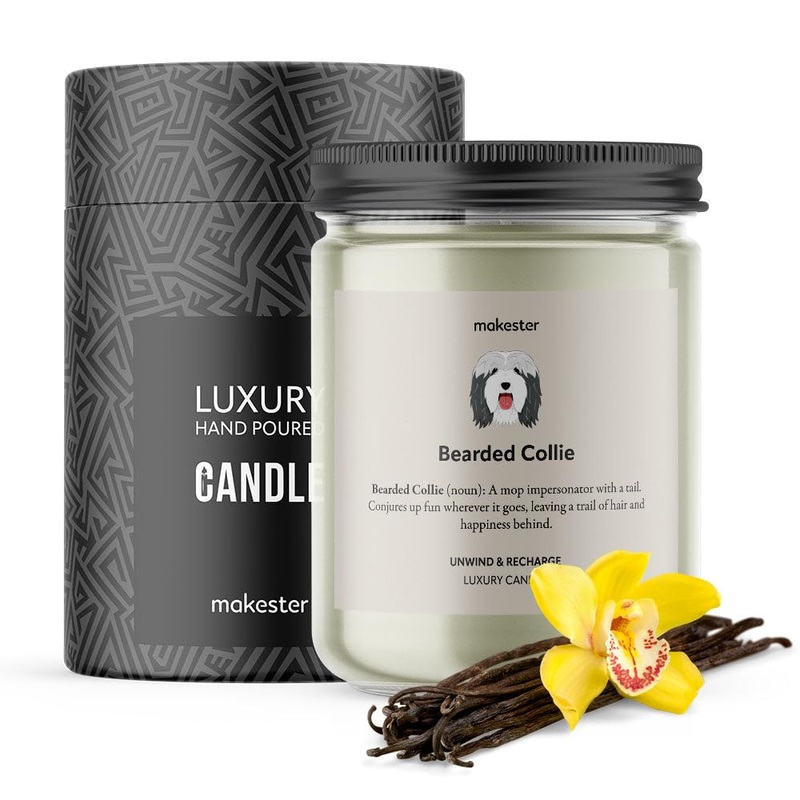Bearded Collie Candle – 220g Soy Wax with Madagascan Vanilla Jasmine & Sugared Almond – Bearded Collie Gift – Dog Candles by Makester