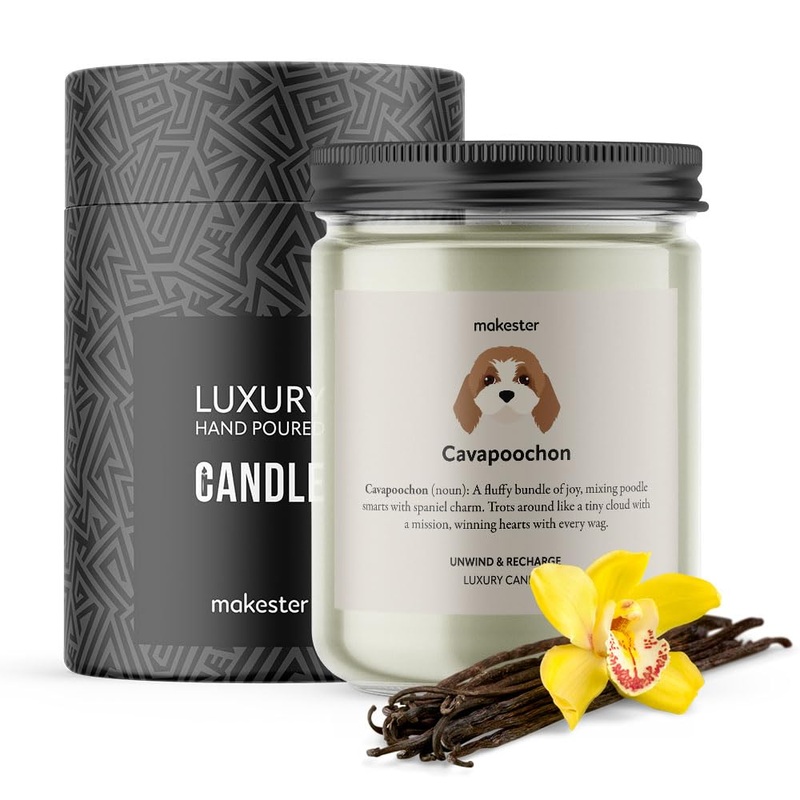 Cavapoochon Candle – 220g Soy Wax with Madagascan Vanilla Jasmine & Sugared Almond – Cavapoochon Gift – Dog Candles by Makester